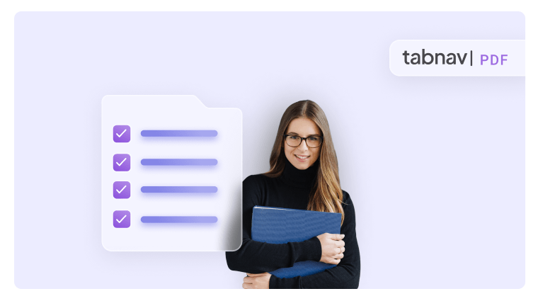  Woman holding a folder next to a checklist and tabnav blog logo.