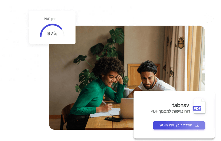 A smiling man and woman sitting at a wooden table with a laptop and notebook. A floating card displays a tabnav PDF remediation report with a Download Remediated PDF button, and a score of 97 percent is shown in a separate floating element.